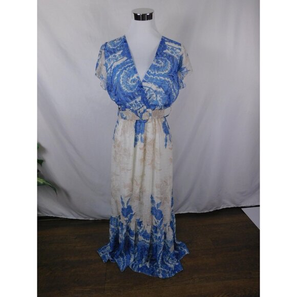 Flare Maxi Dress Womens Blue White Floral Belted Wrap V-Neck Made in Italy - Picture 1 of 12